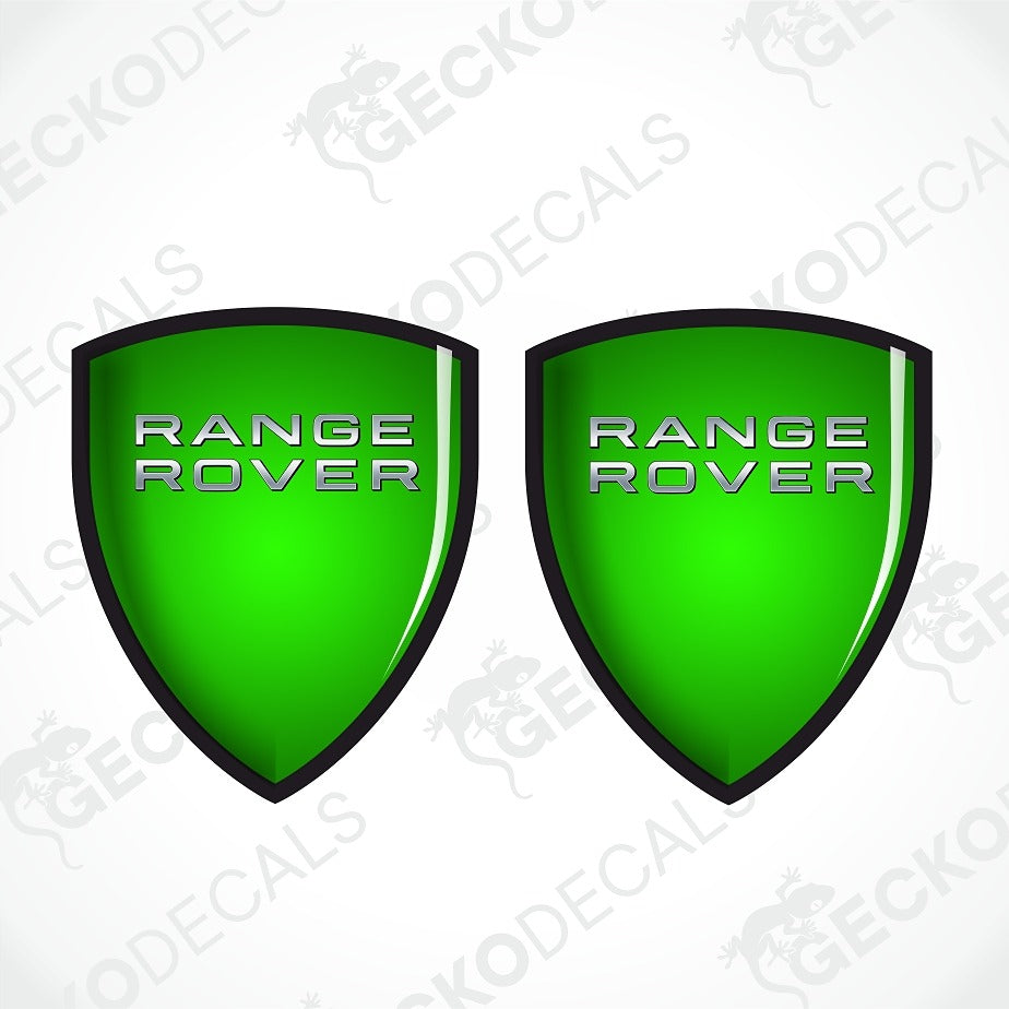 Two green Range Rover shield-shaped decals with black borders and silver 'RANGE ROVER' lettering, shown on a white background with faint watermark text.