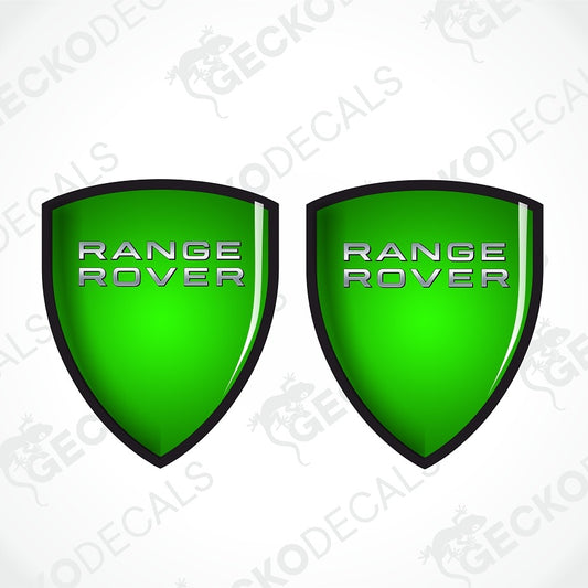 Two green Range Rover shield-shaped decals with black borders and silver 'RANGE ROVER' lettering, shown on a white background with faint watermark text.