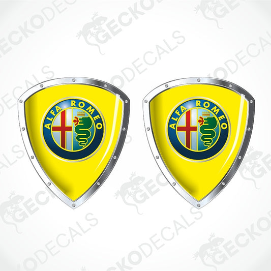 Two identical yellow Alfa Romeo shield-shaped decals with silver borders and the circular Alfa Romeo crest, shown on a white background with faint Geekode watermarks.