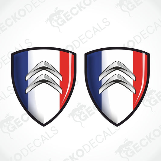 Two identical shield-shaped decals on a white background, each featuring the French tricolor flag with a silver chevron in the center. Faint 'GECKODECAL' watermarks are visible across the image.