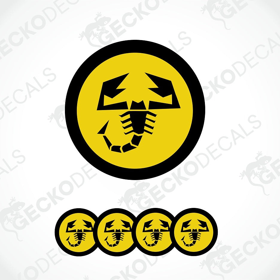A set of yellow and black scorpion decal designs, featuring one large circular decal with four smaller circular decal options aligned horizontally below it, on a white background with faint watermarks.