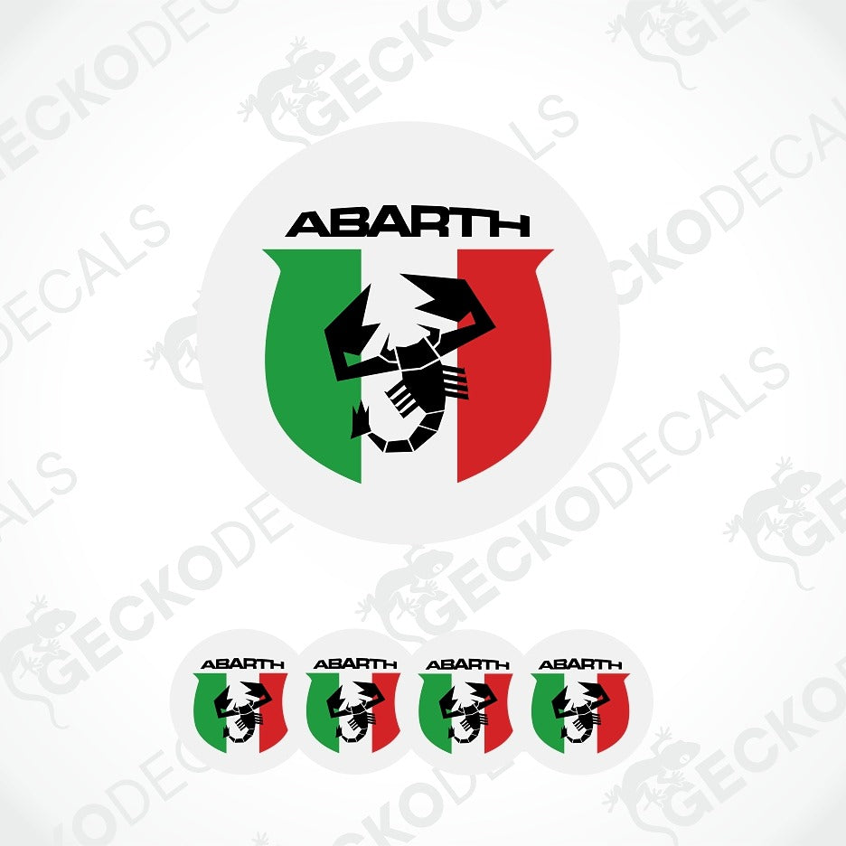 A circular Abarth decal design featuring a black scorpion logo over a green, white, and red shield, with the word Abarth above. Smaller repeated versions of the same decal appear along the bottom on a light gray background with faint watermark text.