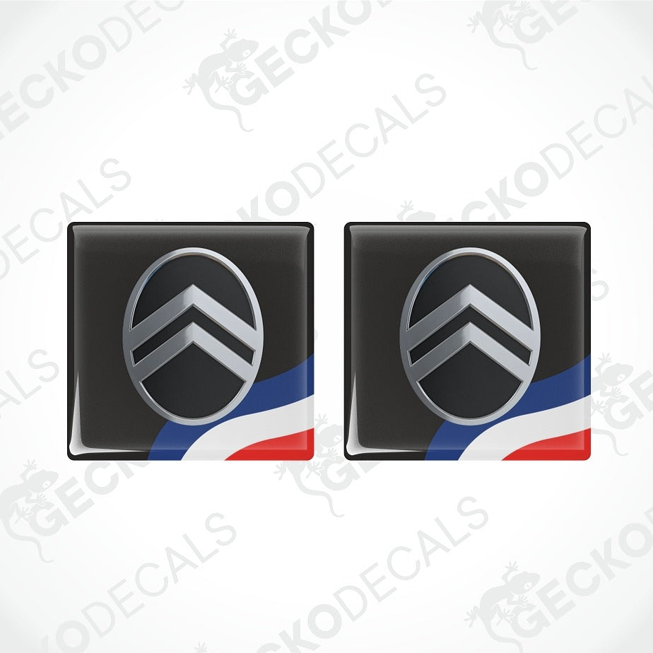 Two black Citroøn door sill decals with the brand's chevron logo and white 'CITROËN' lettering, shown on a light gray background with a faint watermark pattern.