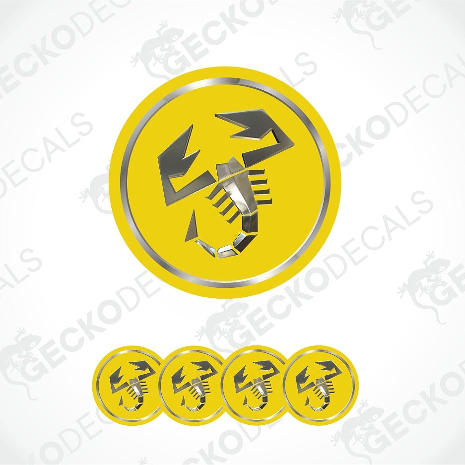 A yellow circular decal or sticker featuring a black scorpion symbol, shown with one large version and four smaller versions along the bottom on a white background with faint Geckodecals watermarks.