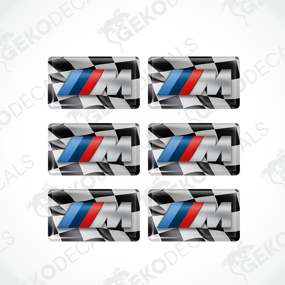 Six rectangular BMW M logo decals arranged in a 3x2 grid on a white background with faint watermark text.