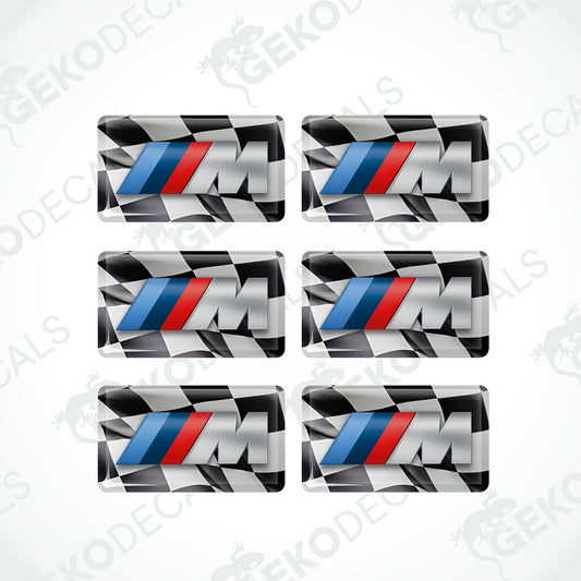 Six rectangular BMW M logo decals arranged in a 3x2 grid on a white background with faint watermark text.