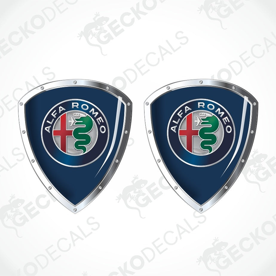 Two identical Alfa Romeo shield-shaped decals on a light gray background with diagonal watermark text.