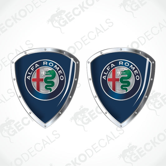 Two identical Alfa Romeo shield-shaped decals on a light gray background with diagonal watermark text.