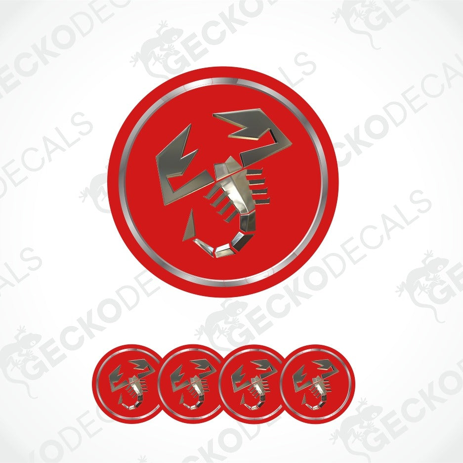 A red circular decal or sticker design featuring a metallic silver scorpion motif, shown with one large version and four smaller repeated versions along the bottom on a white background with faint watermark text.