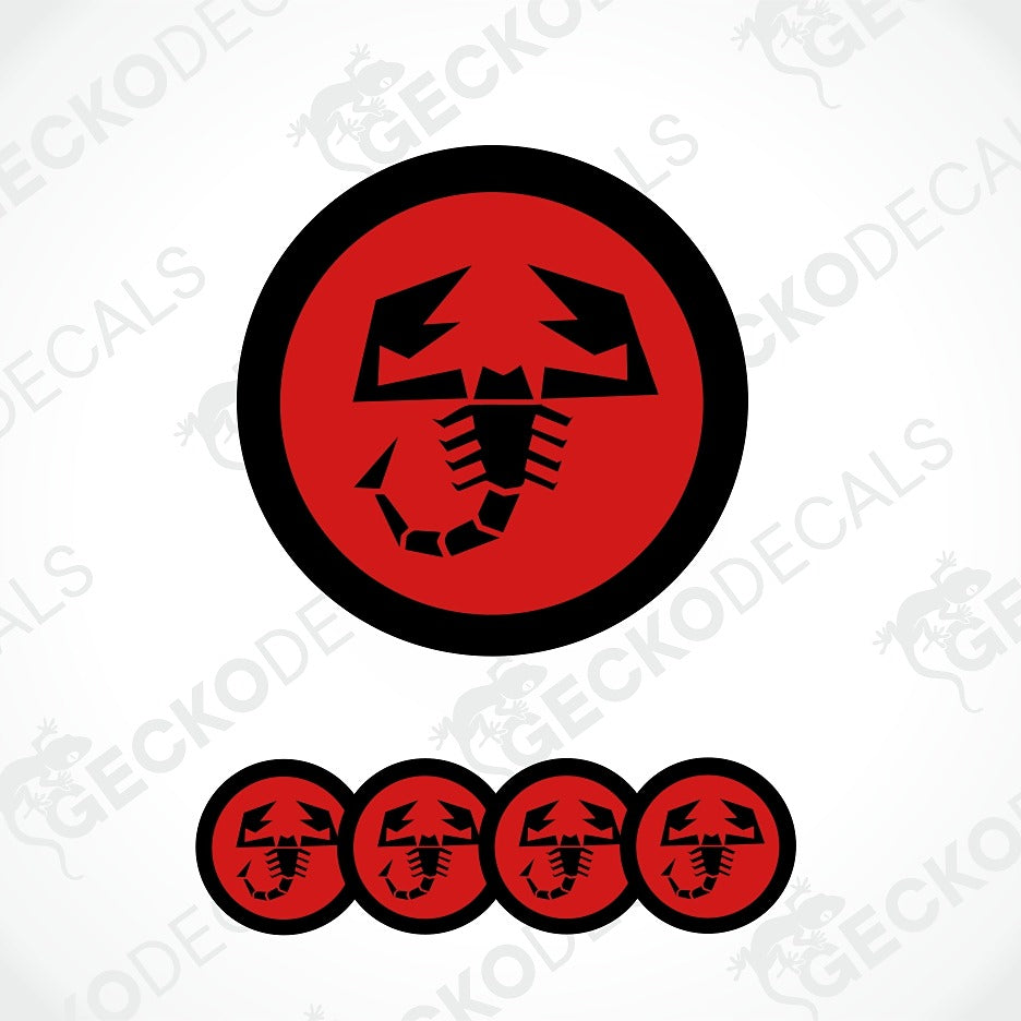 A red and black scorpion decal design shown prominently in a large circle, with four smaller identical circular decals aligned along the bottom on a white background with faint watermark text.