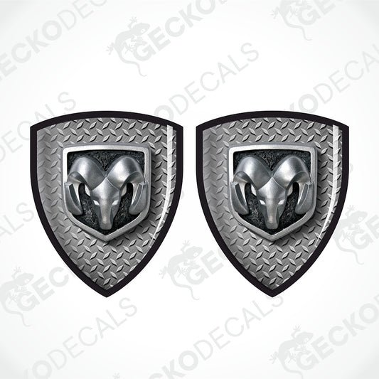 Two matching metallic ram-head shield decals on a white background with repeated GECKODECALS watermark text.