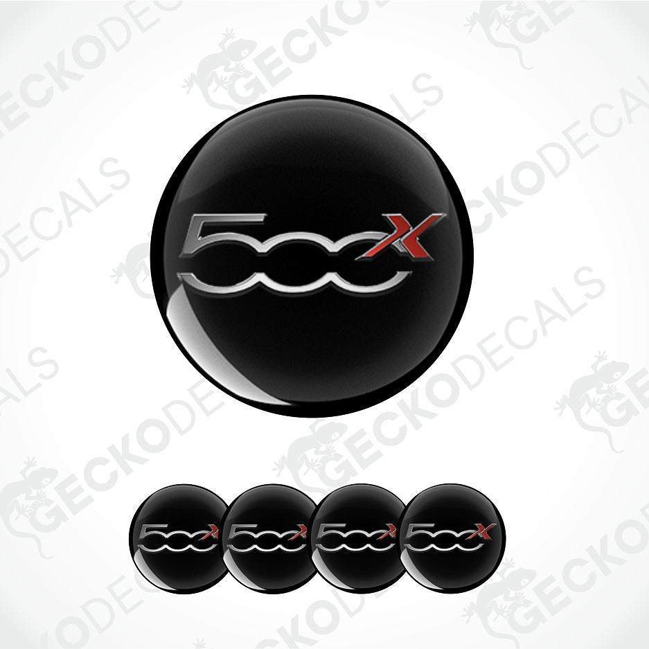 A glossy black oval decal or badge with the number 500 in silver and a red X, shown on a light gray background with four smaller identical decals aligned along the bottom. Faint repeated GECKODECALS watermarks are visible across the image.