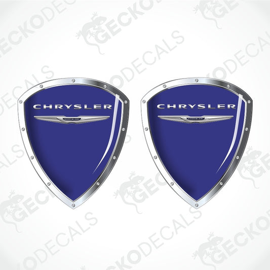 Two identical blue and silver Chrysler shield-shaped decal stickers on a white background with diagonal watermarks.