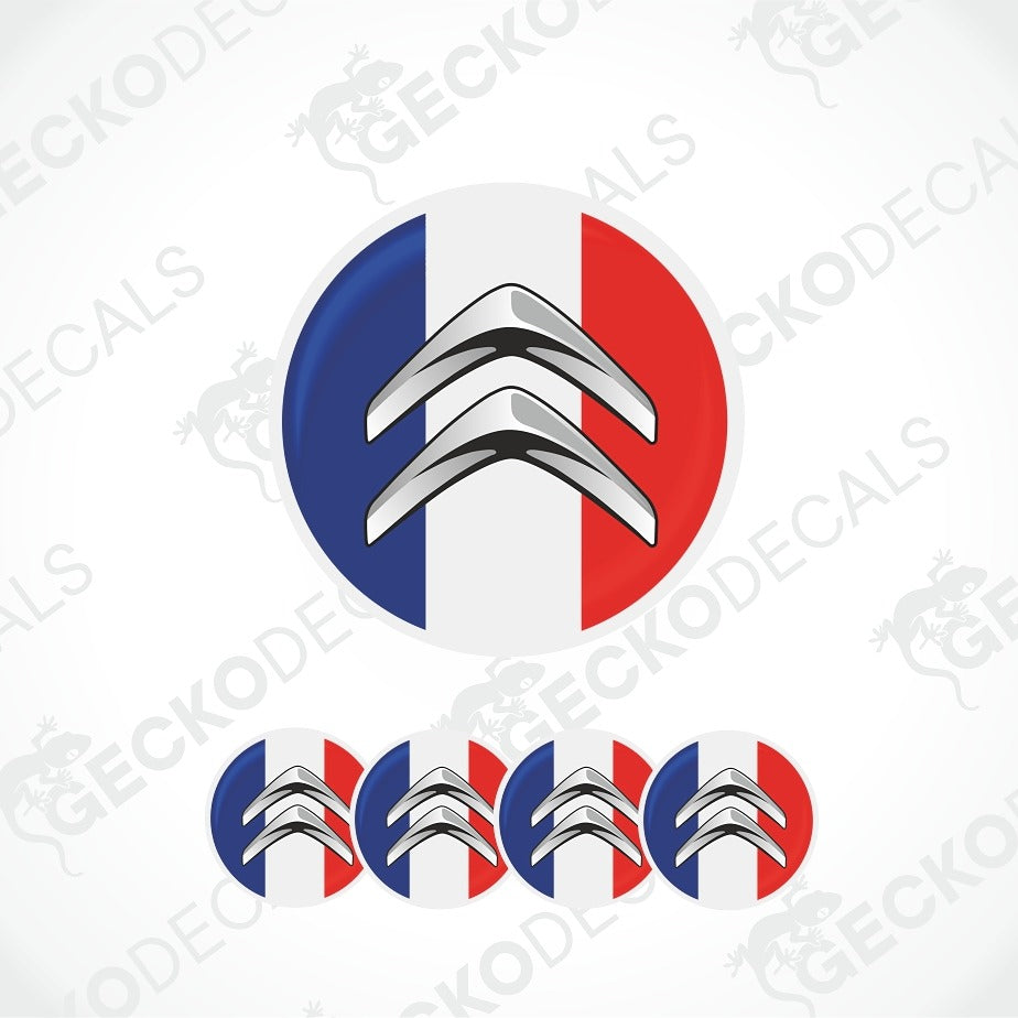 A circular decal design featuring the Citroèn chevron logo over a French tricolor background of blue, white, and red, shown with one large version and four smaller repeated versions on a light gray background with faint watermark text.