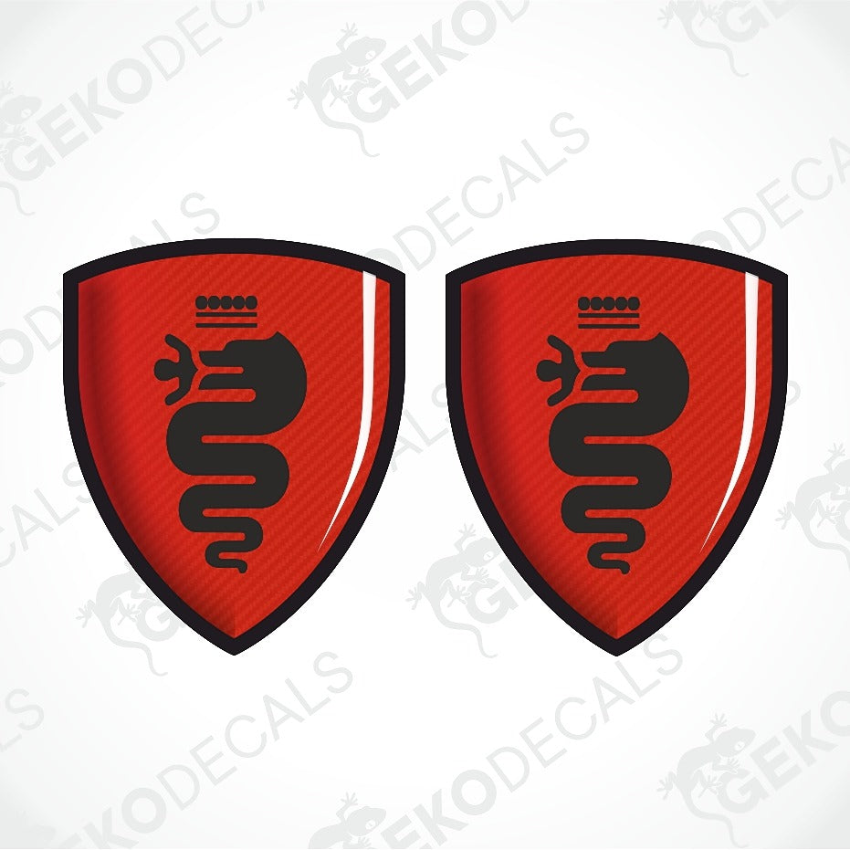 Two identical red shield-shaped decals with a black dragon emblem and crown, shown on a white background with diagonal watermark text.