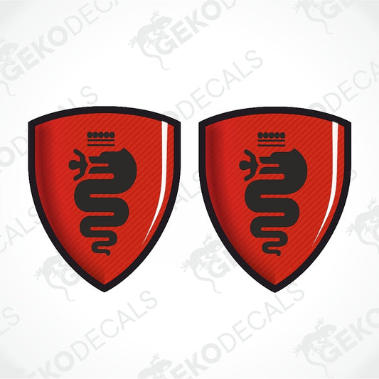 Two identical red shield-shaped decals with a black dragon emblem and crown, shown on a white background with diagonal watermark text.