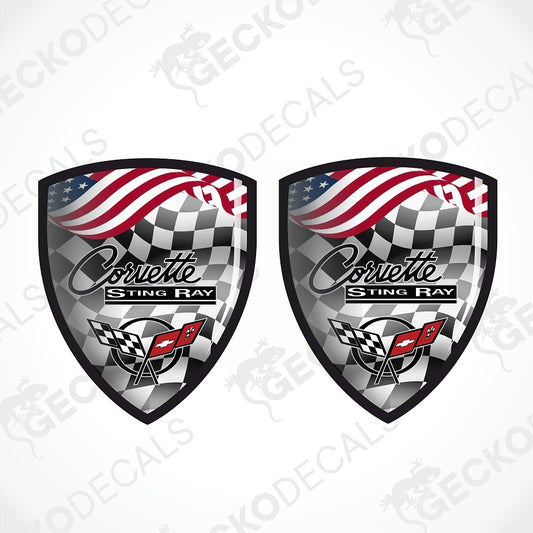 Two matching shield-shaped Corvette Sting Ray decals on a light gray background with faint GECKODE watermarks. Each decal features a black-and-white checkered flag design, the Corvette Sting Ray text, and a red Corvette logo.