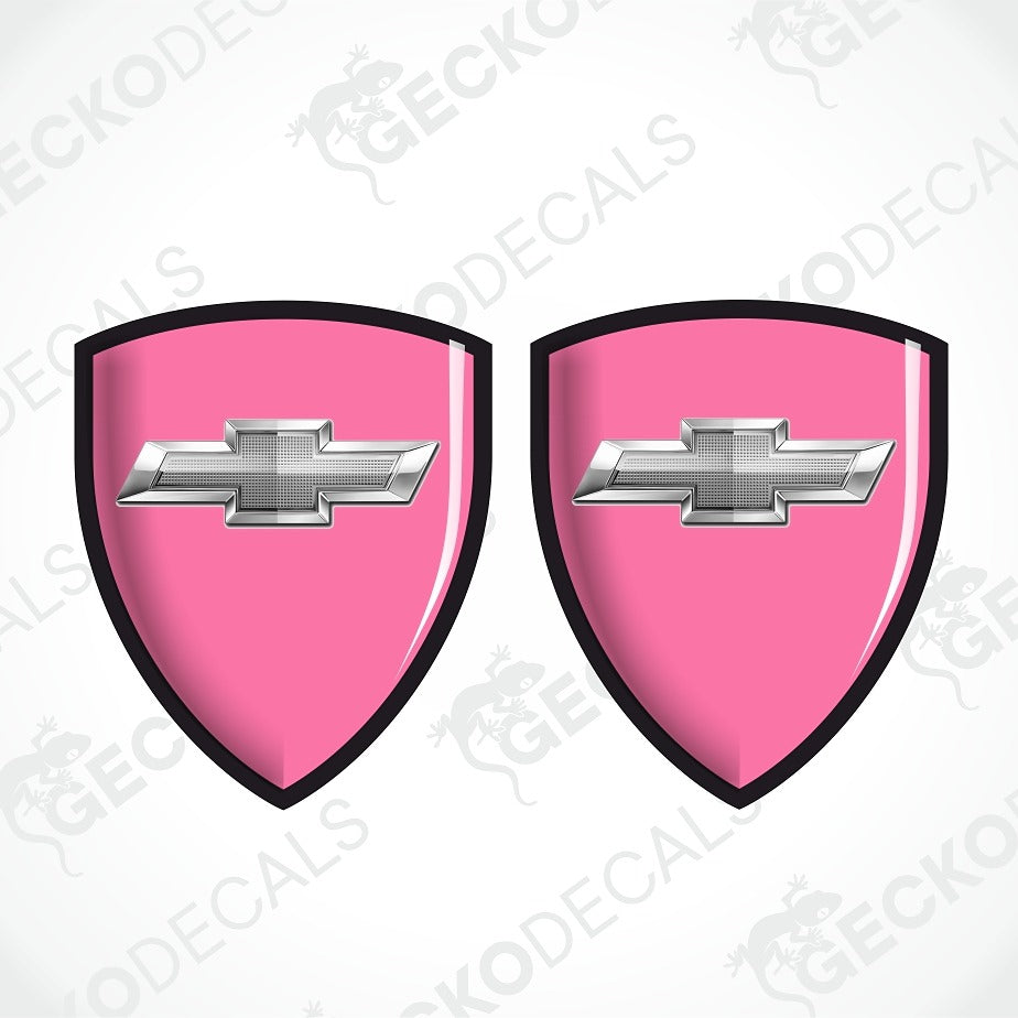 Two pink shield-shaped decals with black borders and silver Chevrolet bowtie logos, shown on a white background with a faint GECKODECALS watermark.
