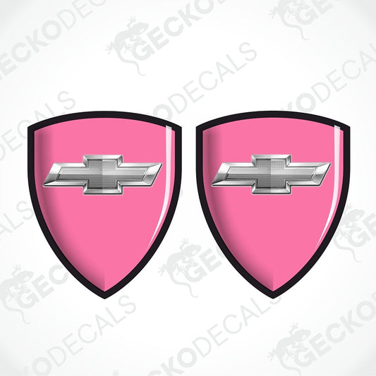 Two pink shield-shaped decals with black borders and silver Chevrolet bowtie logos, shown on a white background with a faint GECKODECALS watermark.