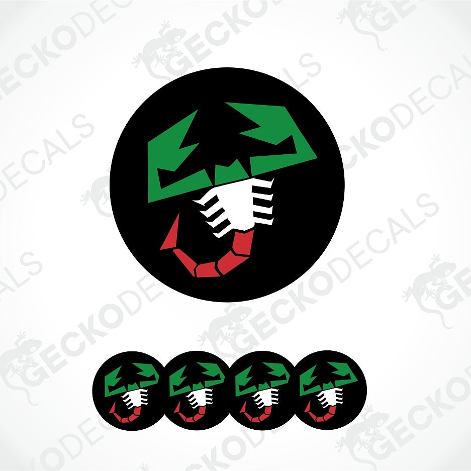 A circular decal design featuring a stylized green scorpion head and tail with white and black striped pincers and a red curved underside, shown on a light gray background with a large main emblem and four smaller repeated emblems below. Faint repeated 'GECKODECALS' watermark text is visible across the image.
