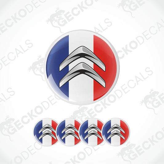 A set of circular Citroèn logo decals featuring the French tricolor flag of blue, white, and red with the silver chevron emblem in the center. One large decal is shown at the top, with four smaller matching decals aligned horizontally below, all on a light gray background with a faint watermark pattern.