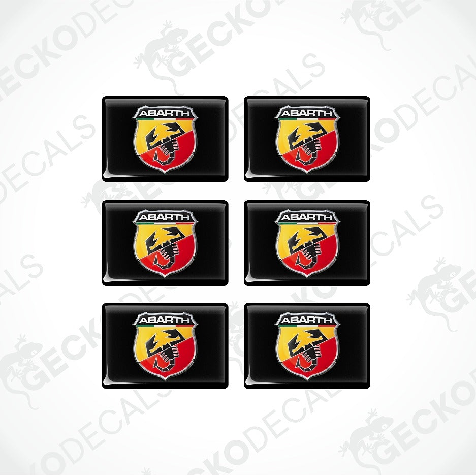 Six black rectangular Abarth decal stickers arranged in a 3x2 grid on a white background with faint watermark text.