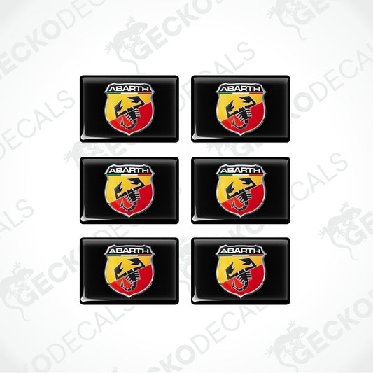 Six black rectangular Abarth decal stickers arranged in a 3x2 grid on a white background with faint watermark text.