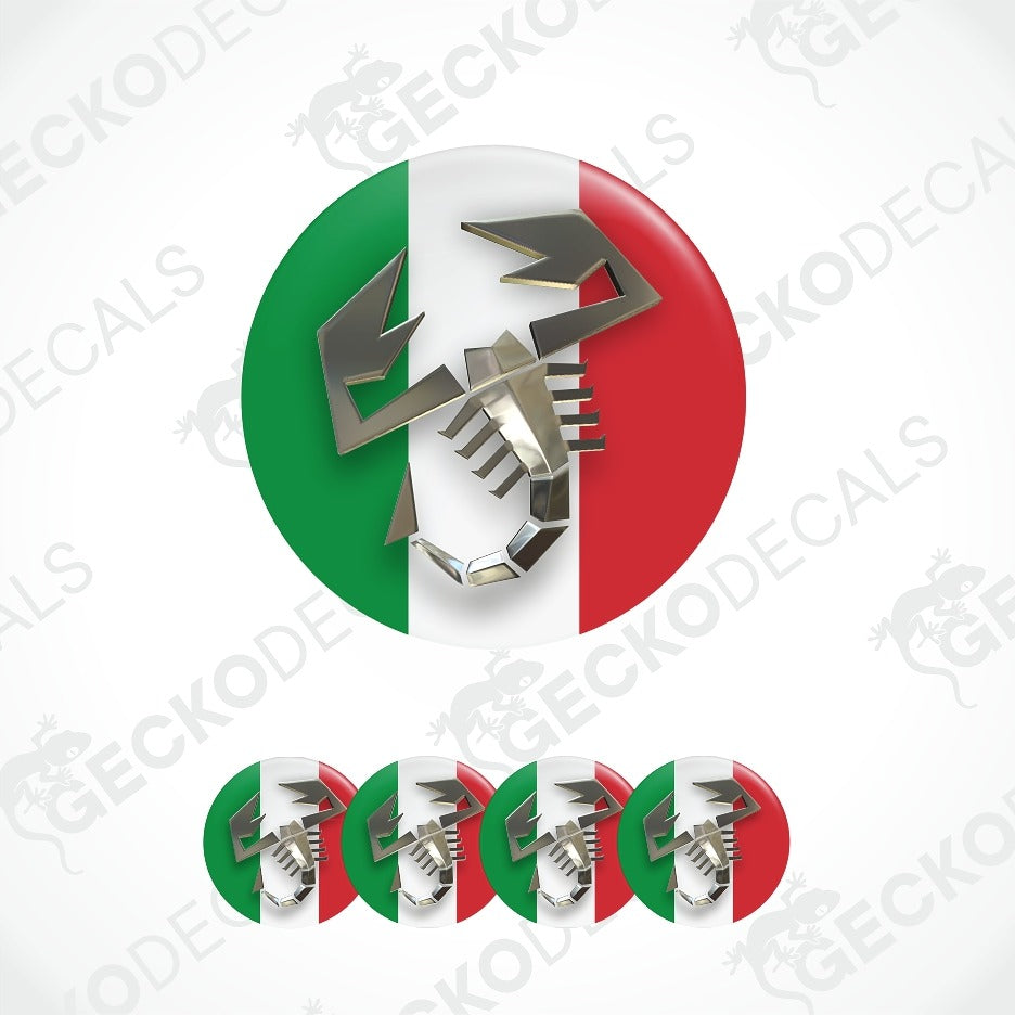 A glossy circular decal featuring the Italian flag colors green, white, and red with a metallic silver scorpion emblem across the center. Smaller duplicate views of the same decal appear along the bottom on a light gray background with faint GECKODEC watermark text.