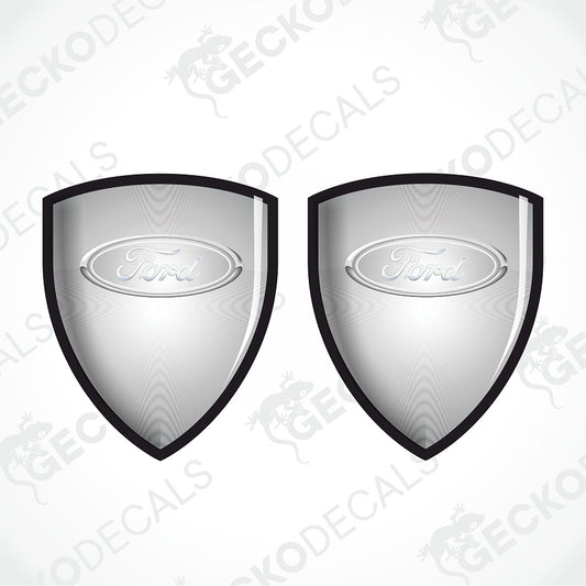 Two identical Ford shield-shaped decals on a light gray background with diagonal watermark text.