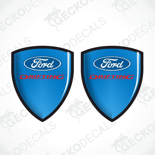Two blue Ford Drifting shield-shaped decals with black borders, shown side by side on a white background with faint GECKODECALS watermarks.