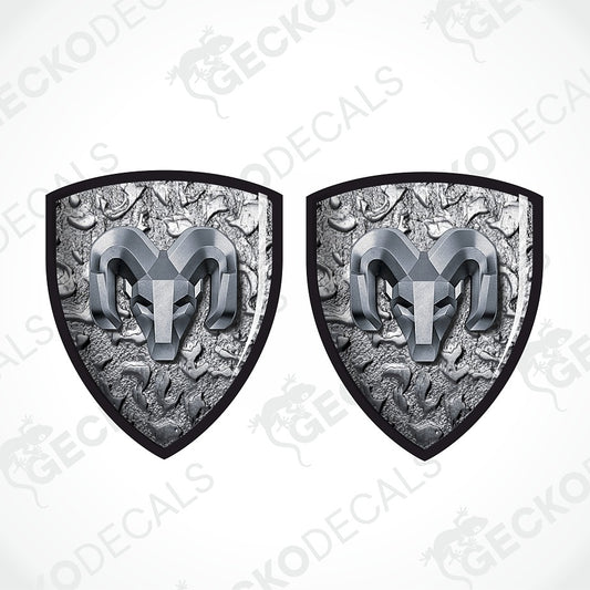 Two matching metallic ram-head shield decals on a white background with repeated GECKODECALS watermark 