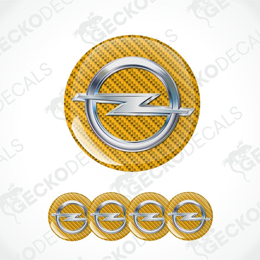 A set of circular car decals featuring the Opel logo on a yellow and black carbon fiber patterned background, with one large decal shown above four smaller ones on a white background with diagonal watermarks.