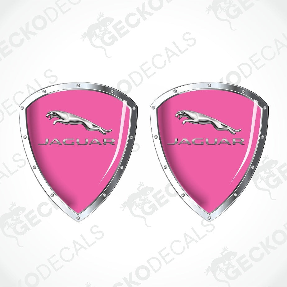 Two pink and silver Jaguar shield-shaped decals on a white background with diagonal watermarks.