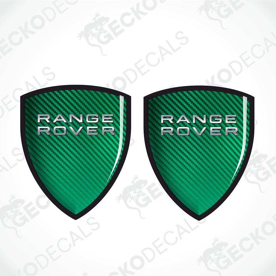 Two green carbon-fiber-texture shield-shaped decals with black borders and silver 'RANGE ROVER' lettering, shown on a white background with faint GECKODECAL watermarks.