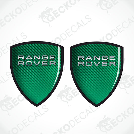 Two green carbon-fiber-texture shield-shaped decals with black borders and silver 'RANGE ROVER' lettering, shown on a white background with faint GECKODECAL watermarks.