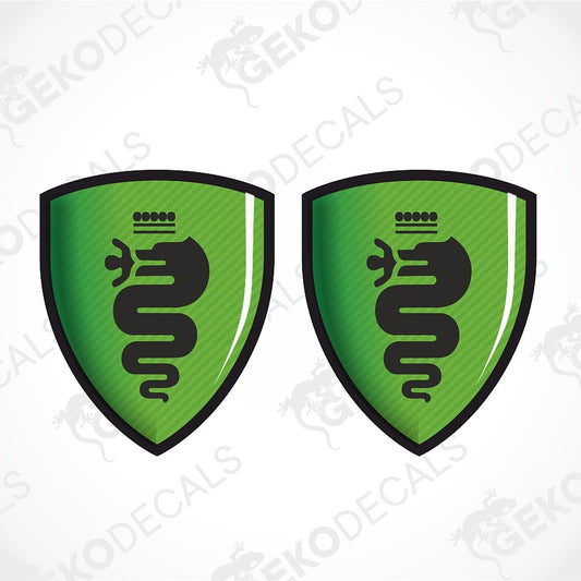 Two identical green shield-shaped decals with a black snake emblem and black border, shown on a white background with faint watermark text.