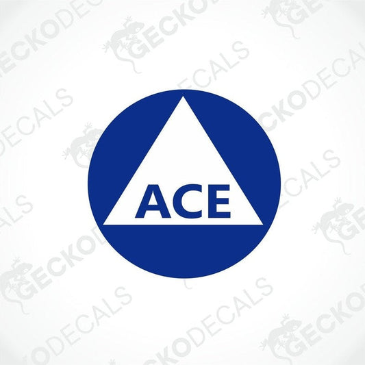 Blue circular ACE caravan decal with white inverted triangle logo