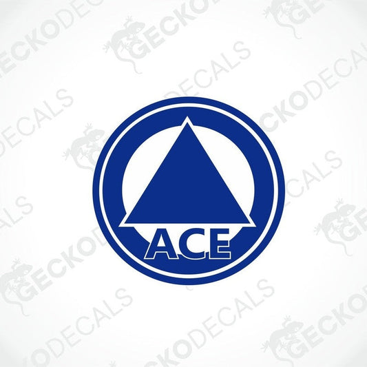 Blue ACE circular caravan decal with white border and triangle logo