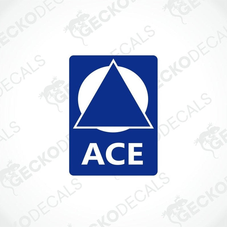 GeckoDecals ACE printed decal with blue background and white geometric logo for caravan