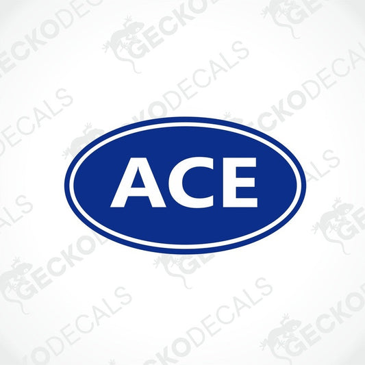 Blue oval ACE decorative sticker with white text and lamination for caravan interior or exterior use