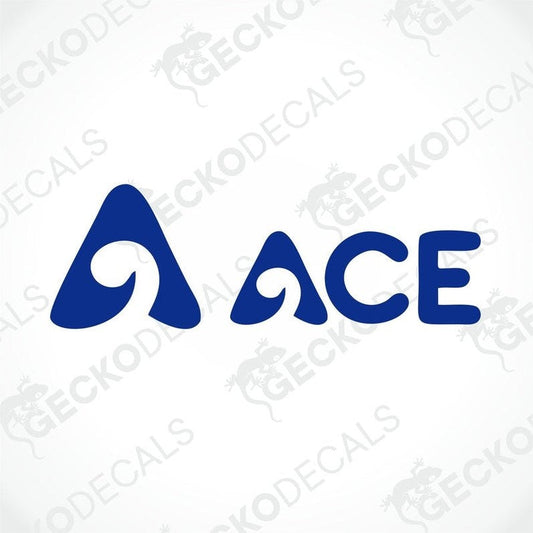 ACE dark blue die-cut caravan sticker with stylized A logo on white transfer paper