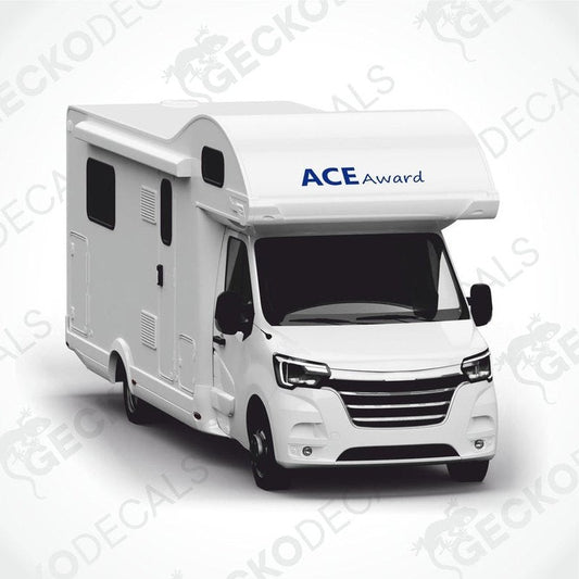Blue ACE Award caravan decal applied to motorhome roof exterior