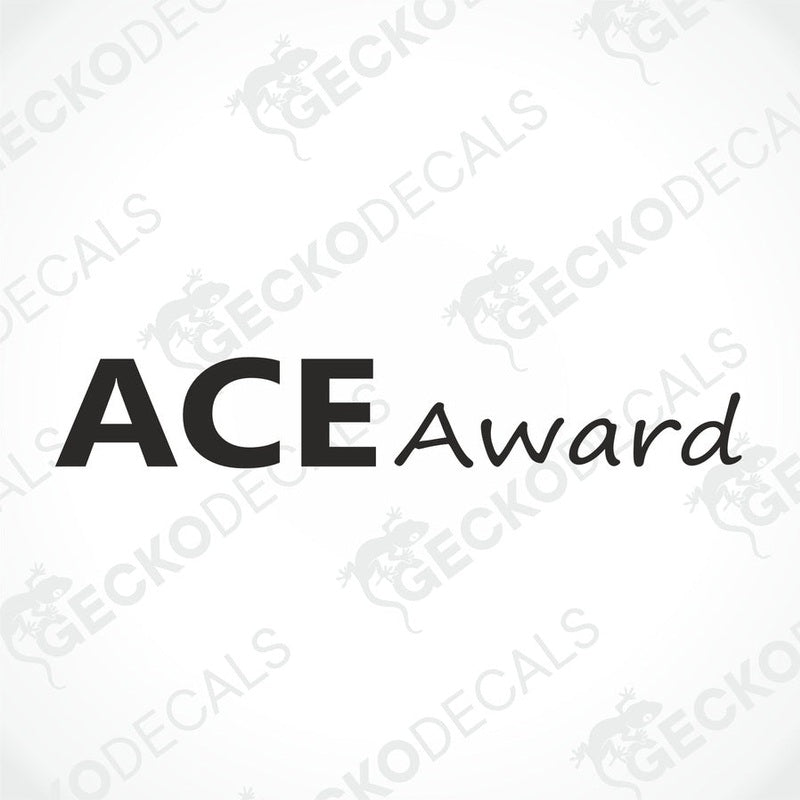 ACE Award die cut sticker with bold sans-serif and cursive text on white background