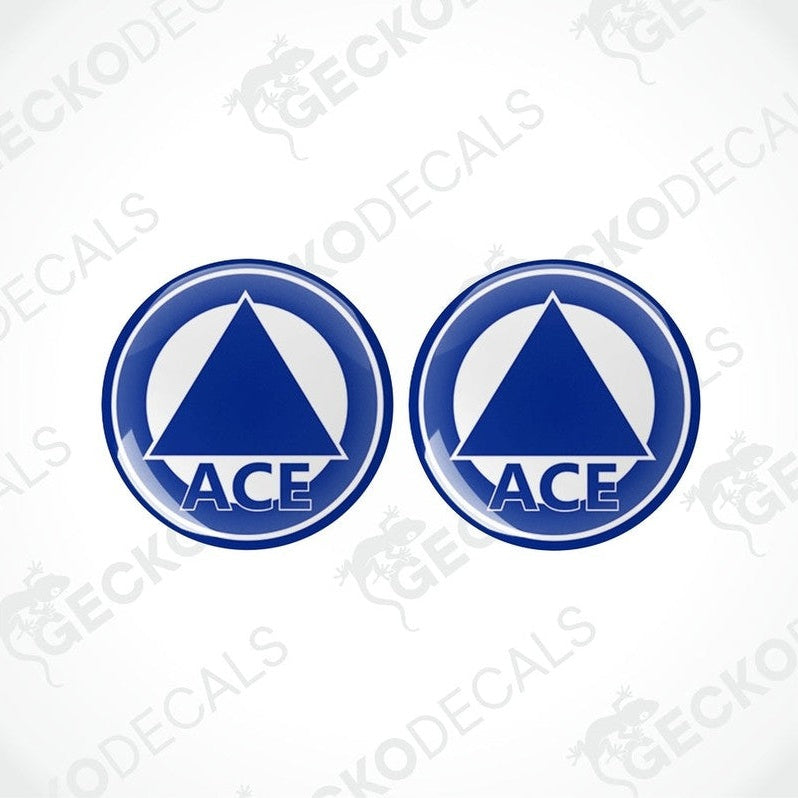 Set of two blue ACE Caravan vinyl decals with glossy domed epoxy finish