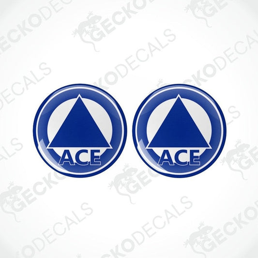 Set of two blue ACE Caravan vinyl decals with glossy domed epoxy finish