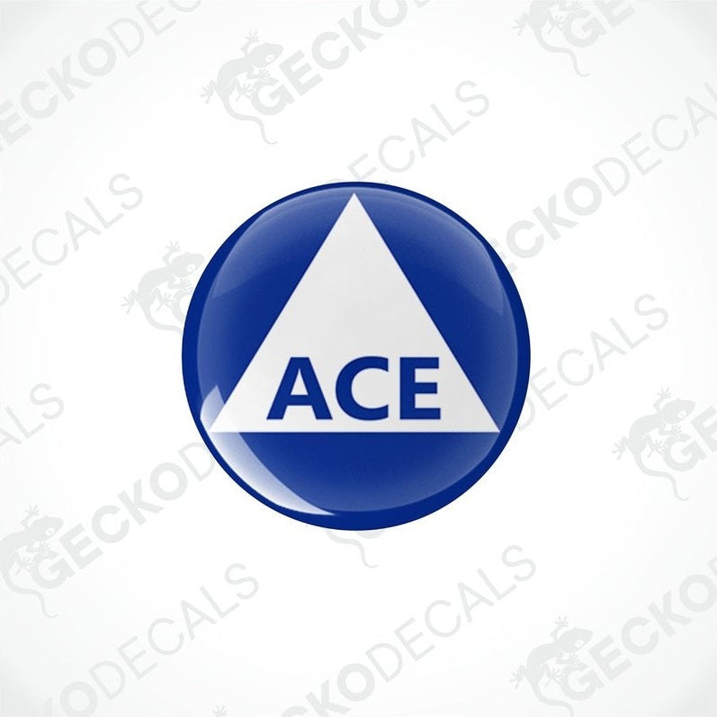 Blue ACE domed epoxy decal with white triangle and polyurethane coating