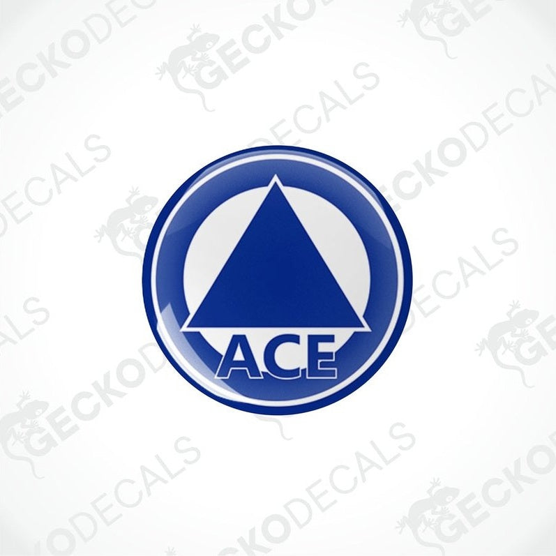 Blue ACE Caravan epoxy resin decal with domed finish and polyurethane coating
