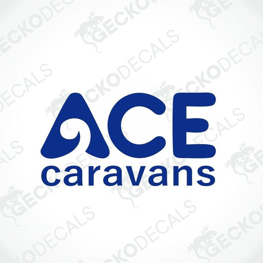 ACE Caravans die-cut sticker with blue logo on white transfer paper
