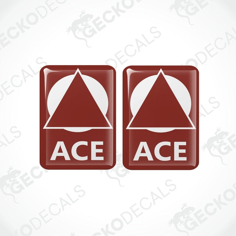 Set of two red ACE caravan vinyl decals featuring domed epoxy resin coating