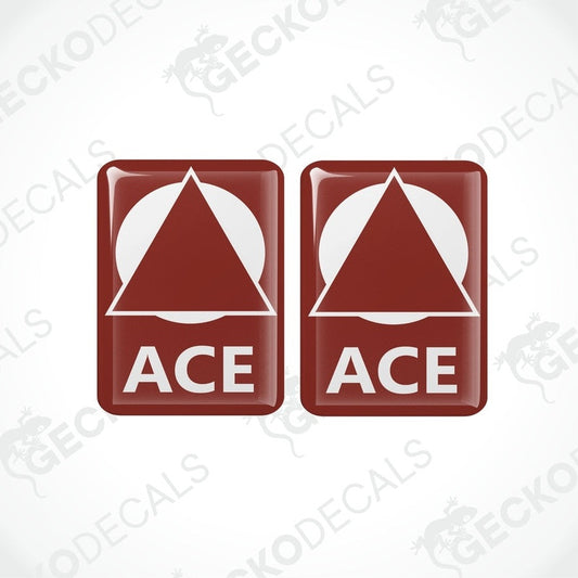 Set of two red ACE caravan vinyl decals featuring domed epoxy resin coating